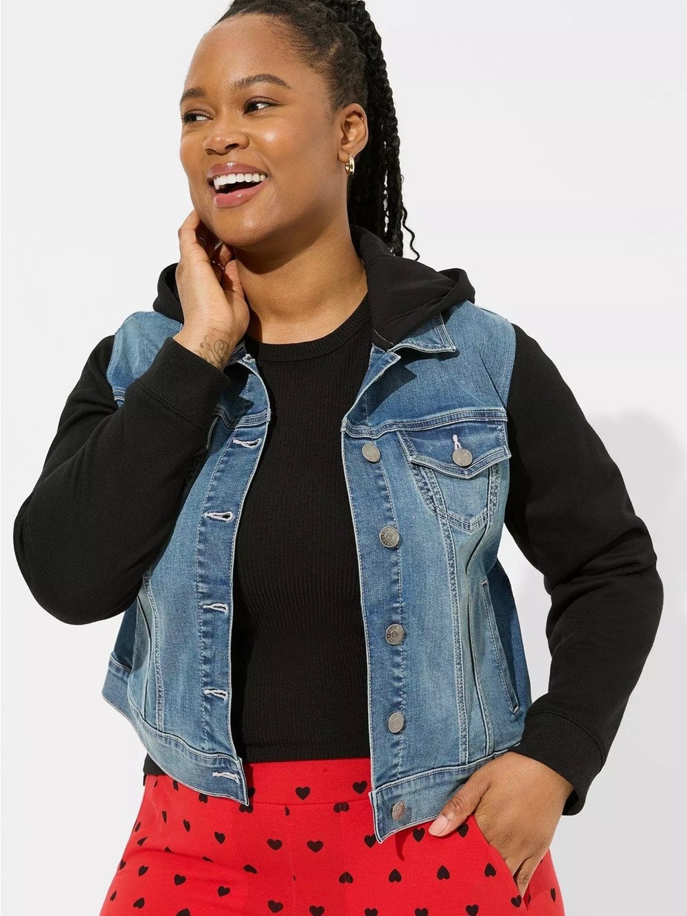 torrid Light Blue Denim Hooded Jacket with Black Sleeves